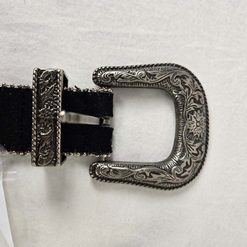 Guess Womens Western Studded Rhinestone Belt Black Silver Engraved Buckle 925121 - Picture 5 of 7